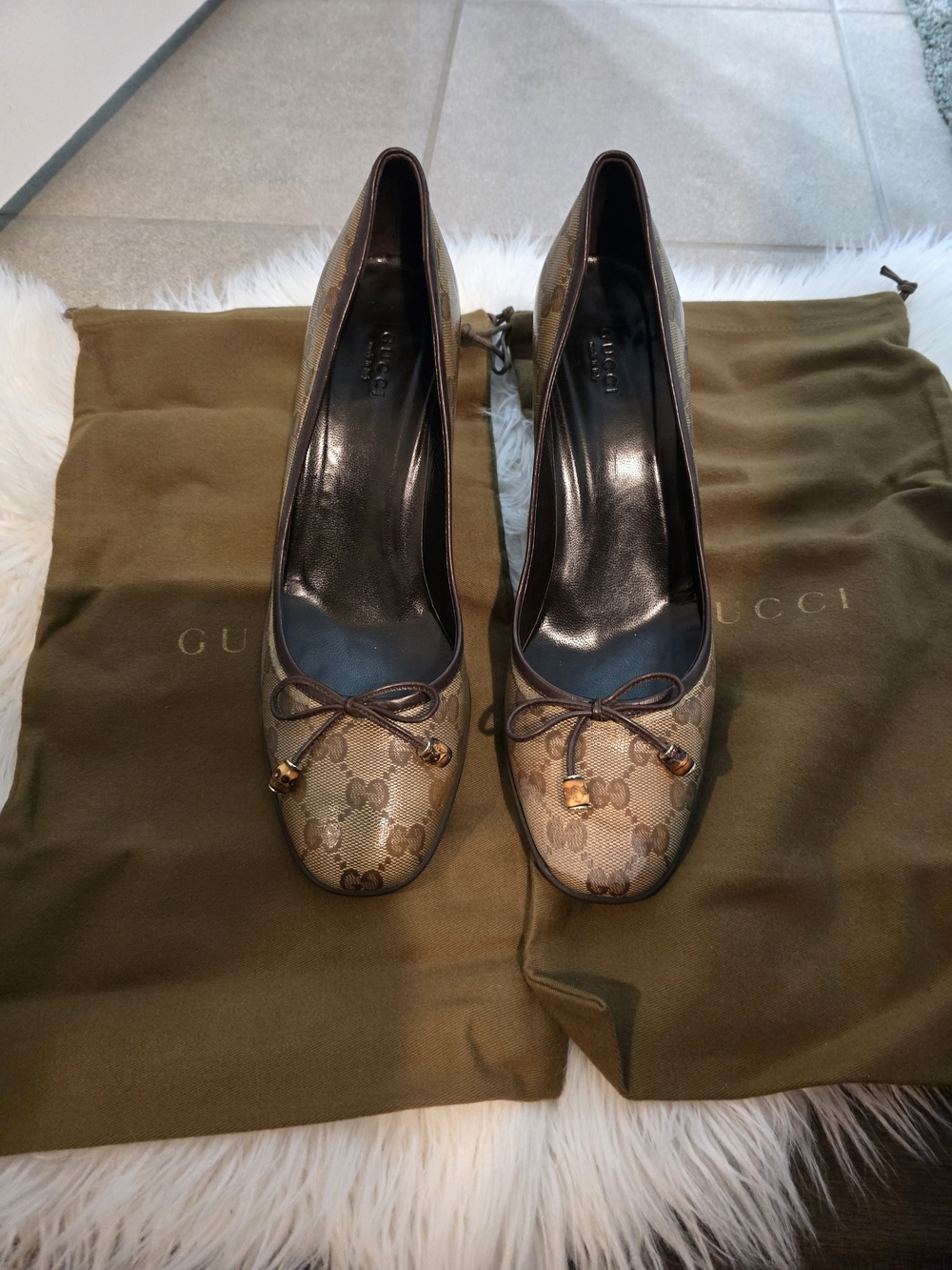 Gucci Brown Monogram Canvas Bow Pumps with Gold Accents